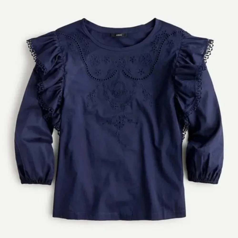 💙 NEW J. Crew Navy Ruffled Eyelet Blouse Top XL